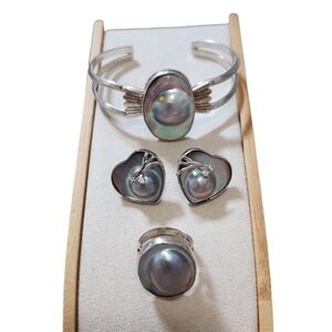 Vintage DTR Mabe Blister Pearl in 925 Sterling Silver Trio Set Ring Size 7